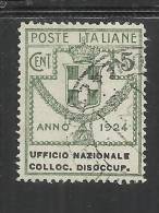 ITALY KINGDOM ITALIA REGNO 1924 PARASTATALI UFFICIO NAZIONALE COLLOCAZIONE DISOCCUPATI CENT. 5 USED - Franchigia