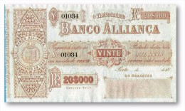 PORTUGAL ★ 20 000 Réis ★ 20$000 Rs ★ Pick S 142 - UNC. - BANCO ALLIANÇA ( ALIANÇA )  ★ See Scans - Portugal