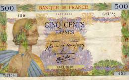 500 Frs Banque De France 500 Frs - BDF - 459 - T.5758 - RX.9-4-1942.RX. - 143943459 - 500 F 1940-1944 ''La Paix''