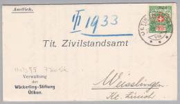 Heimat ZH Uetikon Am See 1929-08-22 Portofreiheit-Brief Zu#13 Gr#824 20Rp. 7360Stk Wäckerling-Stiftung - Franchigia