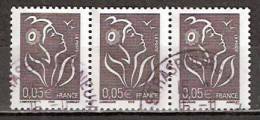 Timbre France Y&T N°3754 X3 (1) Obl. Bande De 3. Marianne De Lamouche, 0.05 € (ITVF). Bistre-noir. Cote 0.45 € - 2004-2008 Marianne Van Lamouche