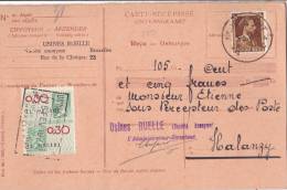 9809# BELGIQUE CARTE RECEPISSE USINES RUELLE Obl ANDERLECHT 1937 Pour HALANZY LIBRAIRIE TIMBRE FISCAL - Briefe U. Dokumente