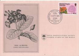 BRITISH VIRGIN ISLANDS 1978 - CARD FD OF ISSUE - FLOWER STAMPS OF WORLD - DOG ALMOND - CORDIA RICKSECKERI W 1 ST OF 40 C - British Virgin Islands