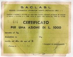 PALERMO 31.12.1953 /  S.A.C.L.A.S.L. - Società Cooperativa Lavoratori Add. Spettacoli Lirici - Azione Da Lire 1000 - Cine & Teatro