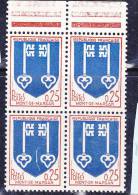 FRANCE N° 1469 25C BRUN ROUGE ET BLEU MONT DE MARSAN  TRAIT PARASITE BLOC DE 4 NEUF SANS CHARNIERE - Unused Stamps