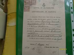 7 Maggio 1946  Re Di Maggio Marche Comunali Città Di ALTAMURA Su Documento - Fiscale Zegels