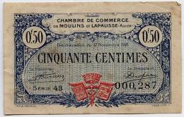 BILLET Chambre De Commerce-MOULINS Et LAPALISSE , Cinquante Centimes- Sans Filigrane Rembourst  17 Nov 1926TB - Chamber Of Commerce