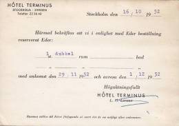 Sweden HÔTEL TERMINUS, STOCKHOLM 1952 Card Karte To LANDSKRONA (2 Scans) - Cartas & Documentos