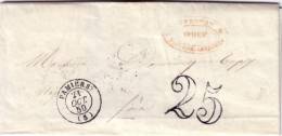 ARIEGE - PAMIERS T15 DU 21 OCTOBRE 1850 + TAXE 25 DOUBLE TRAIT - AVEC TEXTE. - 1859-1959 Storia Postale