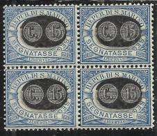 SAN MARINO 1931 SEGNATASSE MASCHERINE SOPRASTAMPATI CENT. 15 SU 5 MNH QUARTINA BEN CENTRATA - Timbres-taxe