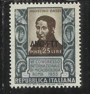 ITALY ITALIA TRIESTE A 1953 AMG-FTT OVERPRINTED CONGRESSO MICROBIOLOGIA AGOSTINO BASSI MNH BEN CENTRATO - Mint/hinged