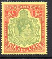 Bermuda GVI 1938 5/- Keyplate Definitive, Perf. 14., Lightly Hinged Mint (SG 118d) - Bermuda