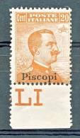 Piscopi, Isole Dell'Egeo 1921-22  N. 11 C. 20 Arancio CON FILIGRANA Bordo Di Foglio MNH LUX Cat. € 250 - Aegean (Piscopi)