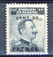 Patmos, Isole Dell'Egeo 1916 N. 8 C. 20 Su C. 15 Grigio Nero MNH Centratissimo - Egeo (Patmo)