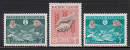 Maldives MH Scott #117-#119 Fish In Net, Wheat Emblem - Freedom From Hunger Campaign - Maldivas (...-1965)