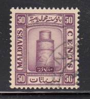 Maldives Used Scott #18 50c Minaret Of Juna Mosque, Near Male, Red Violet - Maldive (...-1965)