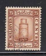 Maldives Used Scott #17 25c Minaret Of Juna Mosque, Near Male, Red Brown - Maldive (...-1965)