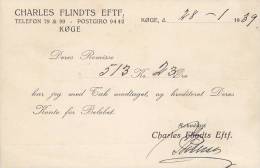 Denmark CHARLES FLINDTS EFTF., KØGE Koege 1939 Card Karte To MERLØSE Tryksag Imprimé Waves Wellenlinien (2 Scans) - Lettres & Documents