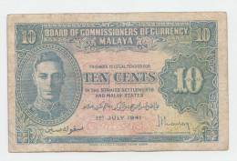 Malaya 10 Cents 1941 VF Banknote KGVI P 8 - Maleisië