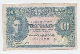 Malaya 10 Cents 1941 VF+ Banknote KGVI P 8 - Malesia