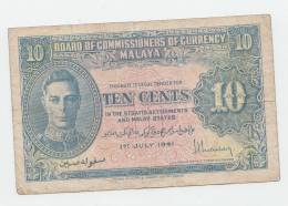 Malaya 10 Cents 1941 VF Banknote KGVI P 8 - Malaysie