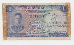 Ceylon 1 Rupee 1951 VF (w/ Tape) P 47 (snorter) - Sri Lanka