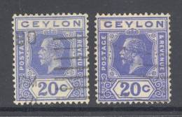 CEYLON, 1921 20c In Both Die I And II FU, Cat £7 - Ceylan (...-1947)