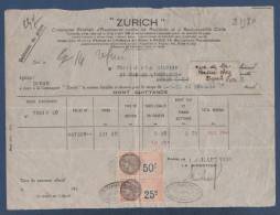 QUITTANCE DE PRIME ASSURANCES ZURICH A PARIS BOULEVARD POISSONNIERE - 1934 - TIMBRES FISCAUX - Banca & Assicurazione