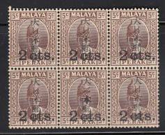 Perak MNH/MH Scott #N32 SG #J273c Block Of 6 2cts Surcharge - 2nd Stamp Bottom Has Sideways Character - Perak