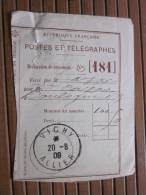 POSTES ET TELEGRAPHES Télégraphe Déclaration De Versement Récépissé Mandat Cachet à Date Vichy 1909 - Télégraphes Et Téléphones