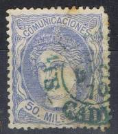 Sello 50 Mils Alegoria 1870, Fechador Tipo I En Azul SAN FERNANDO (cadiz), Num 107 º - Gebruikt