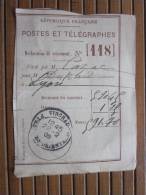 POSTES ET TELEGRAPHES Télégraphe Déclaration De Versement Récépissé Mandat Cachet à Date  Vingrau P.O. 1909 - Telegraaf-en Telefoonzegels