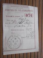 POSTES ET TELEGRAPHES Télégraphe Déclaration De Versement Récépissé Mandat Cachet à Date  PAU 1910 - Telegraphie Und Telefon