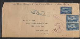 G)1929CUBA5 & 10 CENTS, AIRPLANE-BAY-LIGHTHOUSE, “HOTEL PLAZA”COVER, EXPRESS MARK IN BLUE, CIRCULATED TO NEW YORK, USA - Covers & Documents