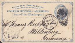 United States Postal Stationery Ganzsache Entier SACRAMENTO 1891 To MILTENBERG Germany (2 Scans) - ...-1900