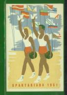 POLAND 1951 SPARTARKIADA SPORTS CHAMPIONSHIPS TYPE 2 MAN AND WOMAN WITH BALLS AND PEACE DOVES Flags Birds - Other & Unclassified