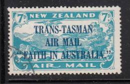 New Zealand Used Scott #C5 7p Plane Over Lake Manapouri, Bright Blue With Trans-Tasman Overprint - Poste Aérienne