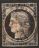 1849 20c Noir Sur Jaune, Yvert No 3. Moyen Cachet Â… Date !! Voir Description - 1849-1850 Cérès