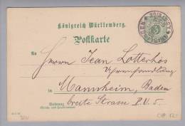 Heimat De BW Geislingen 1895-05-18 Ganzsache Nach Mannheim - Postwaardestukken