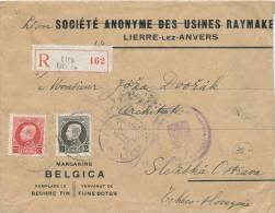 043/21 -- Lettre Recommandée TP Petit Montenez  1 F Et 75 C LIER Vers La Tchécoslovaquie - Entete Margarine Belgica - 1921-1925 Small Montenez