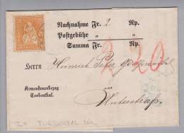 Heimat ZH Turbenthal 1872-06-14 Blau Auf Nachnahme Mit 20Rp. Sitzende Helvetia - Briefe U. Dokumente
