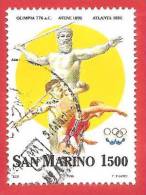 SAN MARINO  - USATO - 1996 - Centenario Dei Giochi Olimpici Moderni - Lancio Del Giavellotto - £ 1500 - S. 1486 - Gebraucht