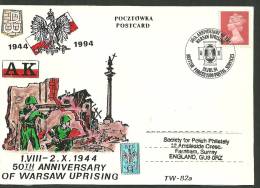 POSTCARD , HOME ARMY   50th. ANNIVERSARY OF THE WARSAW  UPRISING  1944--1994. - Government In Exile In London