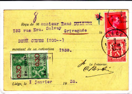 N°423-428 Liege 1-8.I.38 + Fiscal 0,30 S/reçu Cotisation V.Grivegnée.TB - Lettres & Documents