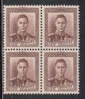New Zealand MNH Scott #228 Block Of 4 1 1/2p King George VI, Violet Brown - Blocks & Kleinbögen