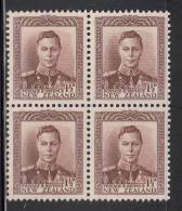 New Zealand MNH Scott #228 Block Of 4 1 1/2p King George VI, Violet Brown - Blokken & Velletjes