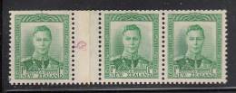 New Zealand MH Scott #227A 1p King George VI, Green Counter Coil Strip Of 3 With Purple '5' Counter - Ongebruikt
