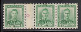 New Zealand MH Scott #227A 1p King George VI, Green Counter Coil Strip Of 3 With Purple '5' Counter - Unused Stamps