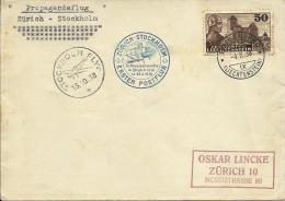 FIRST FLIGHT ZURICH-STOCKHOLM / Swiss Week In Stockholm, 1938., Switzerland, Cover - Primi Voli