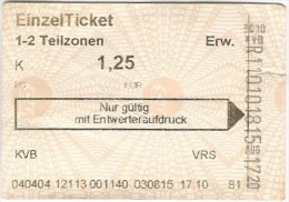 Ticket / Fahrkarte - Einzelticket 1-2 Teilzonen (1.25 Euro) : VRS (Verkehrsverbund Rhein-Sieg) - [Köln / Cologne] - Europe